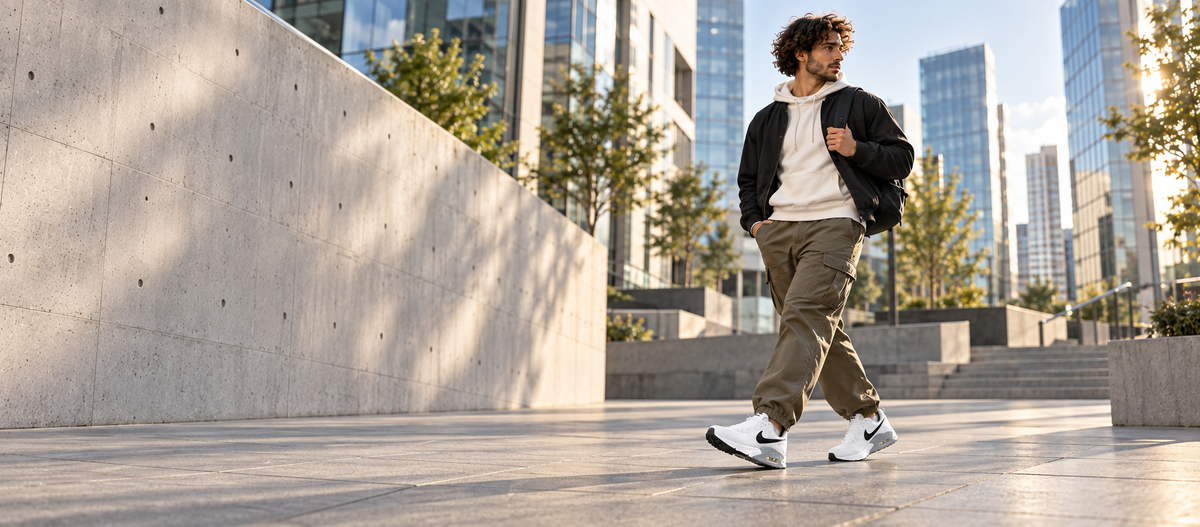 Persona con Nike Air Max sentada sobre concreto, campaña urbana FLOWSTORE